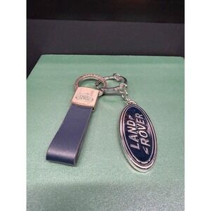 Land Rover Navy Blue Leather Loop and Oval Enamel Logo Keychain Silver Hardware